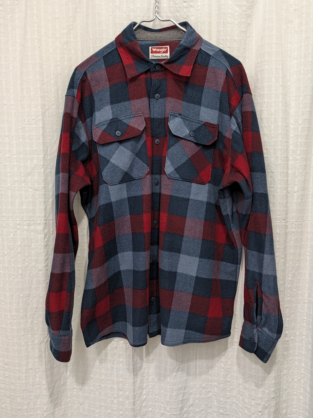Wrangler Men's Red & Blue Plaid Button-Up Shirt Fleece Flannel Large